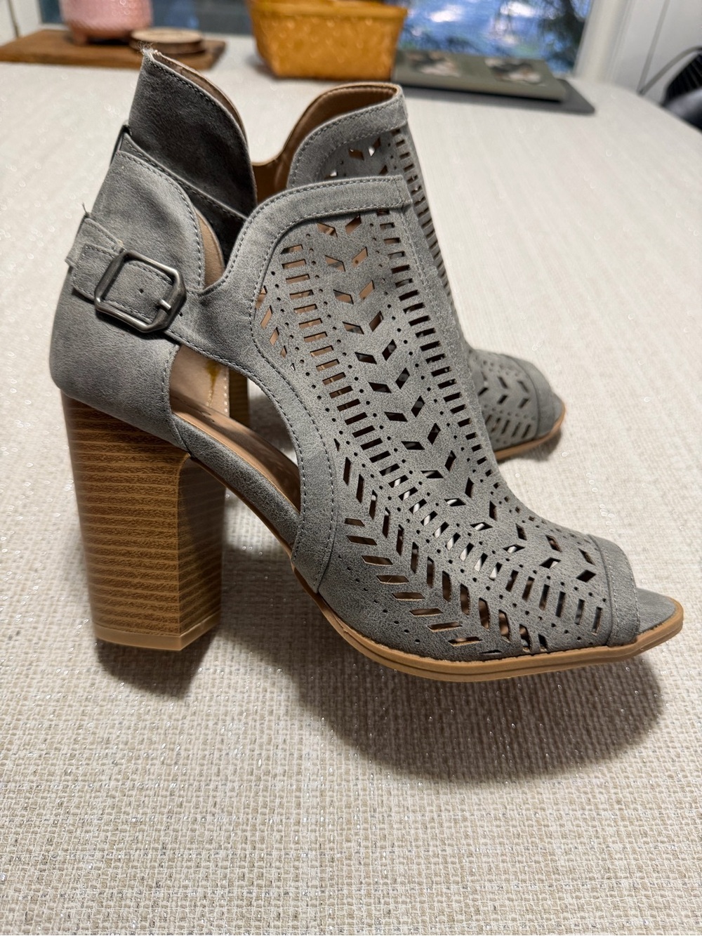 Qupid Grey Laser-Cut Peep Toe Block Heel Booties